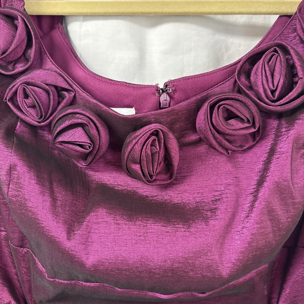London Times Sleeveless Bodycon Dress Women Sz 14 Magenta Satin Rose Ruffle Neck - Picture 4 of 16